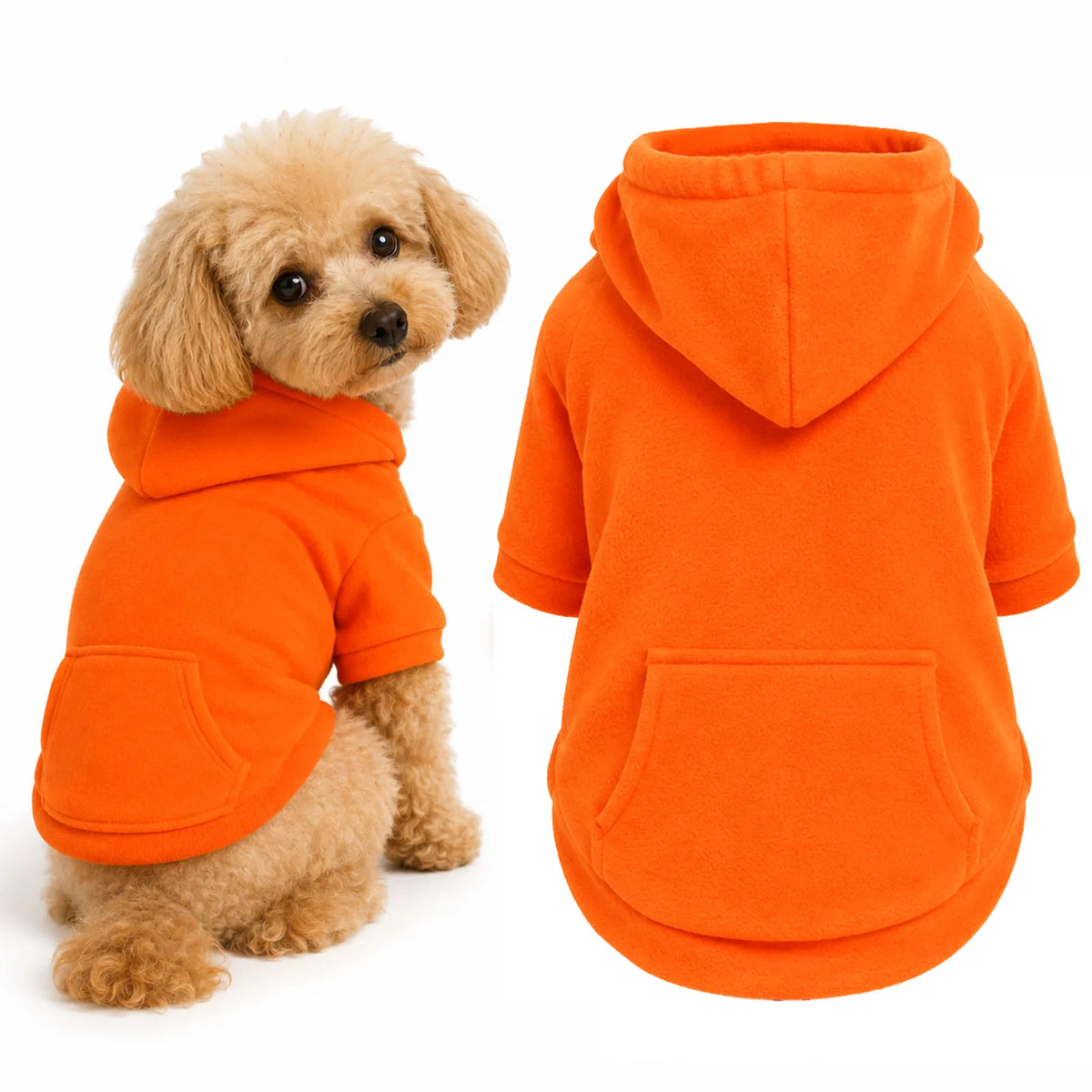 Orange dog hoodie laid flat showing the hood, sleeves and kangaroo pocket.