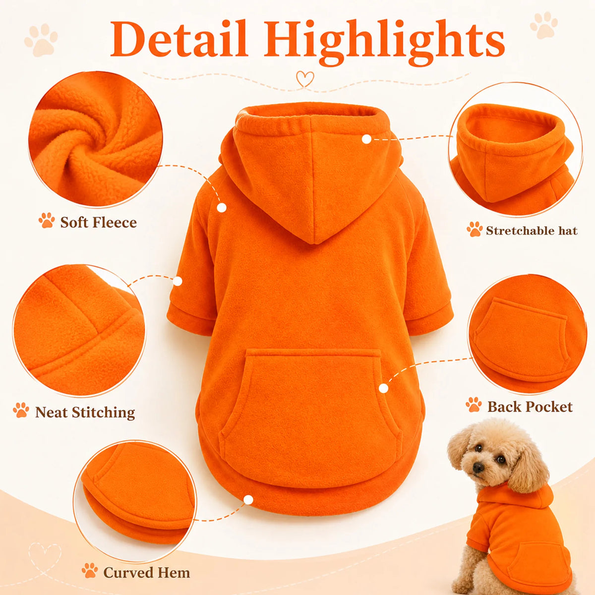 Close-up detail of the soft fleece fabric of the orange dog hoodie.
