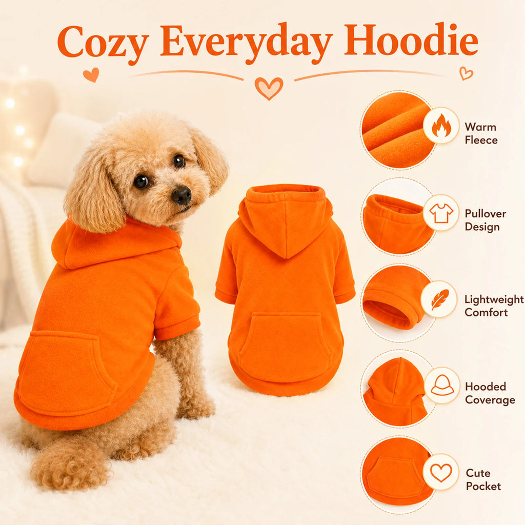 Feature callouts for the orange dog hoodie highlighting soft fleece, easy pullover fit and back pocket.