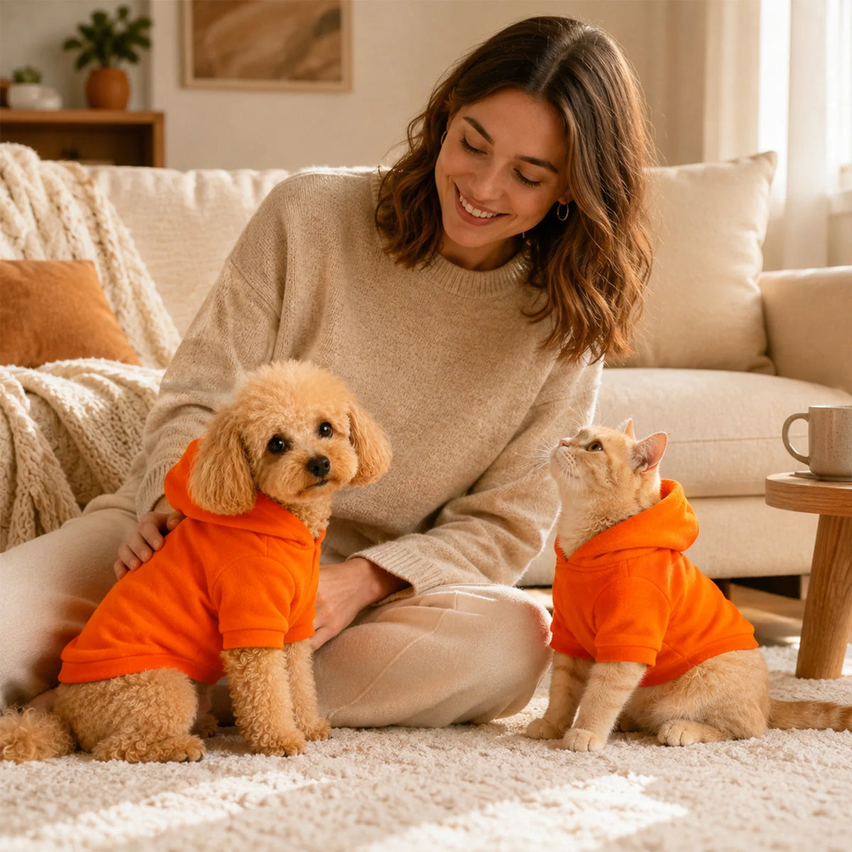 Dog and cat wearing orange fleece hoodies relaxing together on a couch at home.