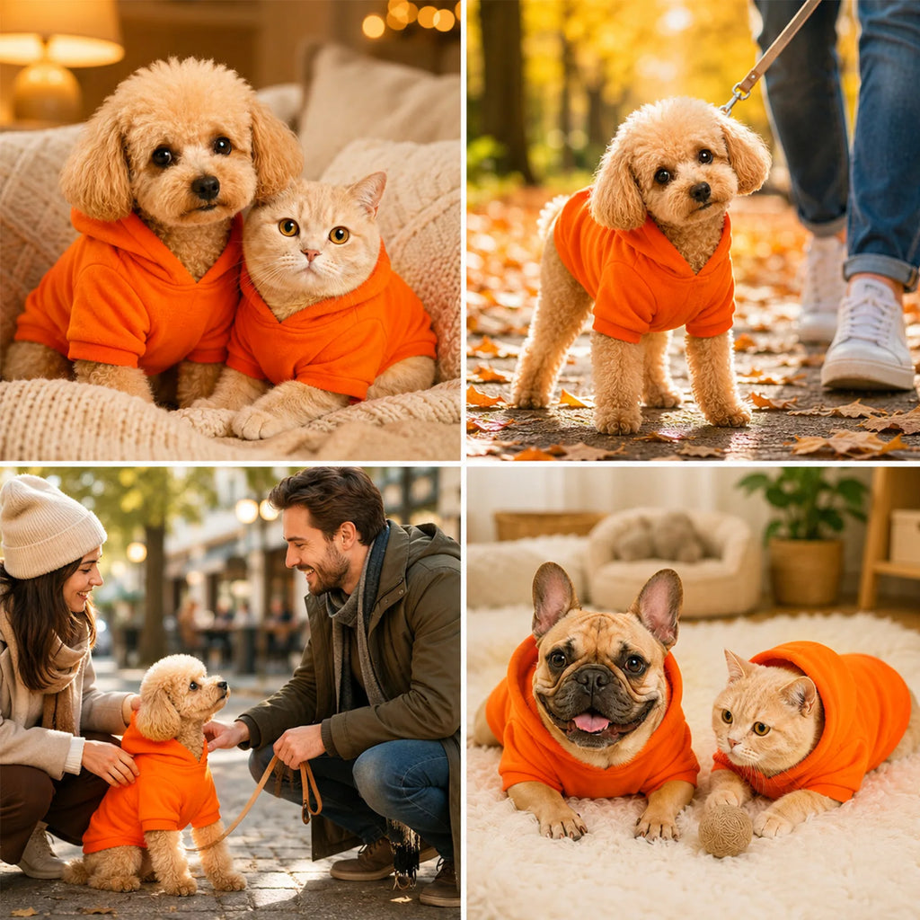 Collage of the orange dog hoodie worn at home, on an autumn walk, and out with owners.