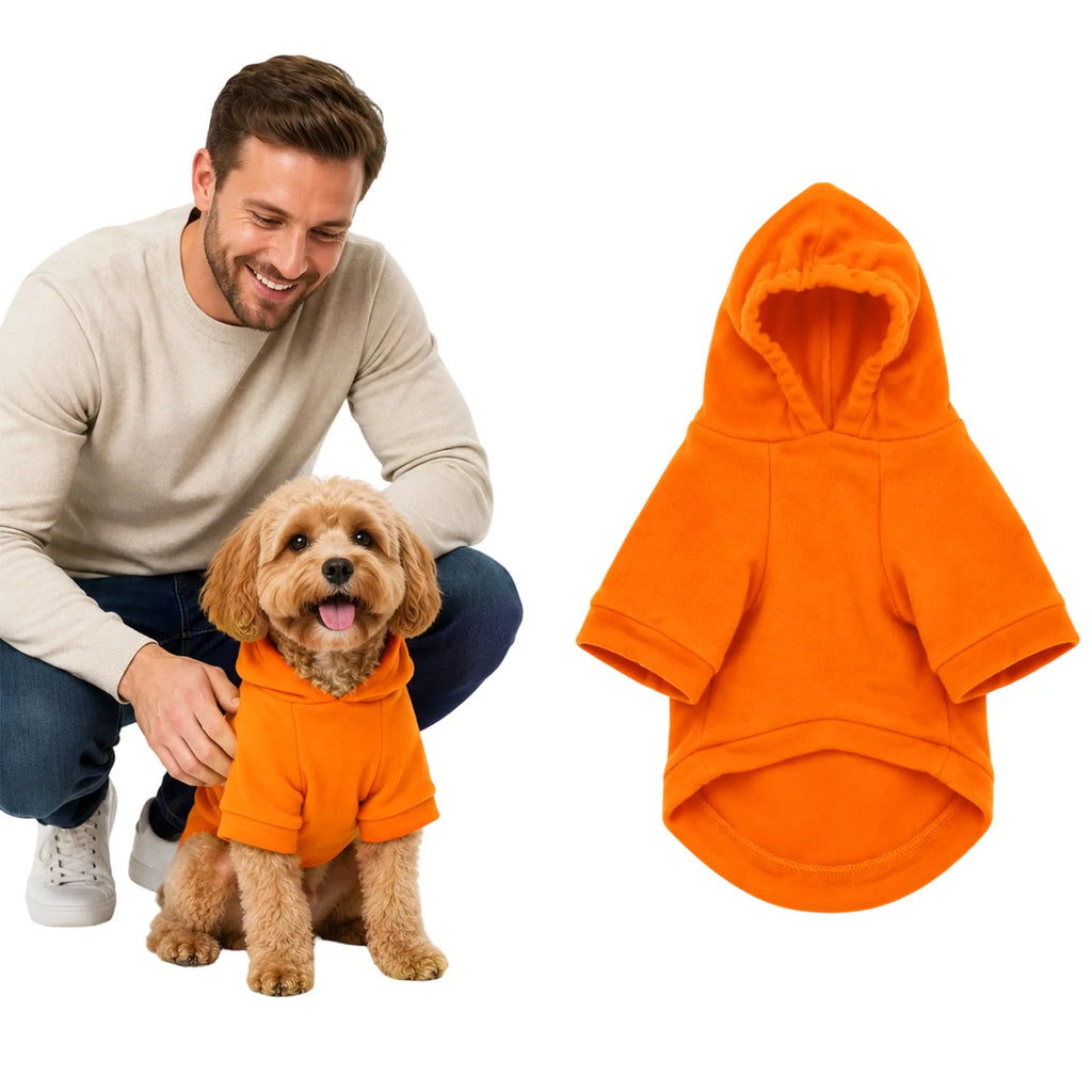 Small dog wearing an orange fleece dog hoodie with a hood, standing next to a man.