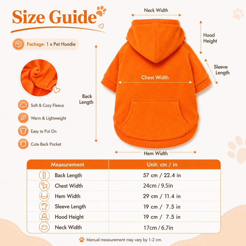 Size guide for the orange dog hoodie showing back length, chest width, hem width, sleeve length, hood height and neck width.