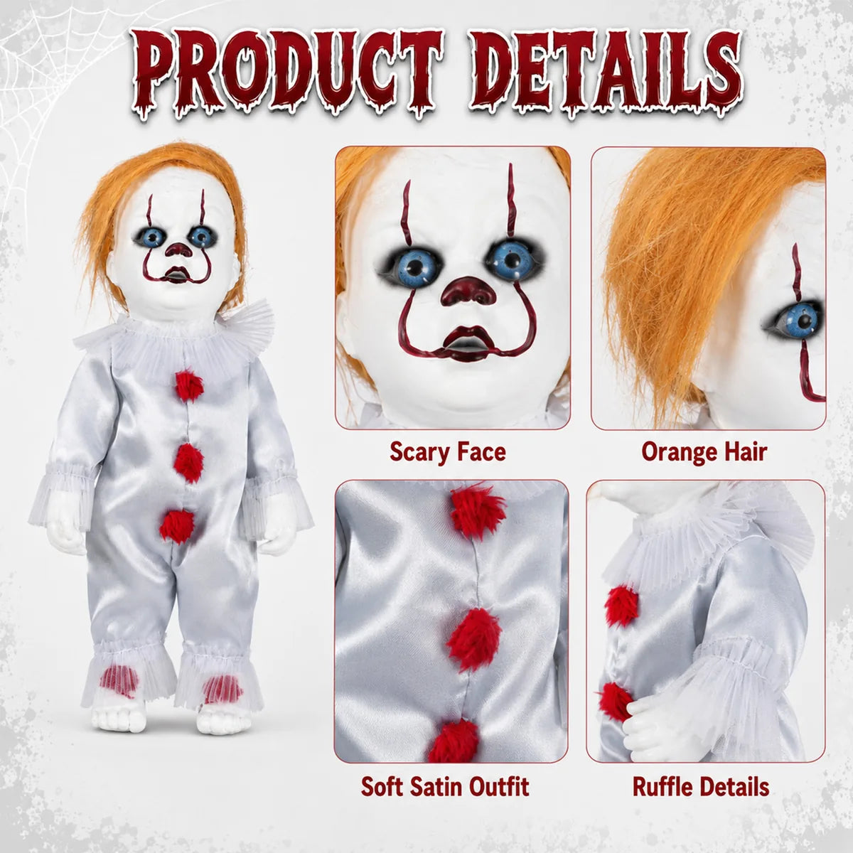 Close-up details of the orange hair horror clown figurine, showing visible texture, color, and construction.