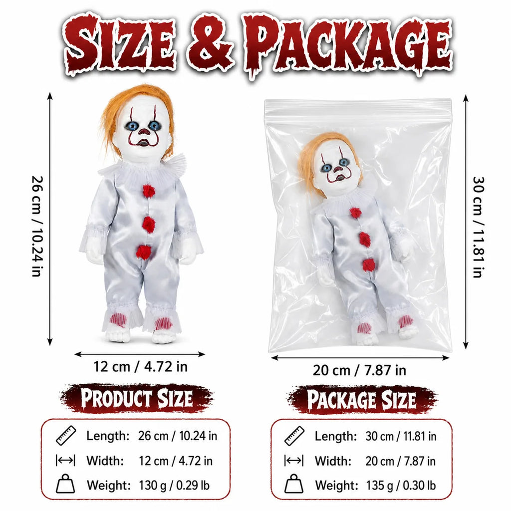 Dimension chart for the orange hair horror clown figurine, showing the listed product measurements and scale.