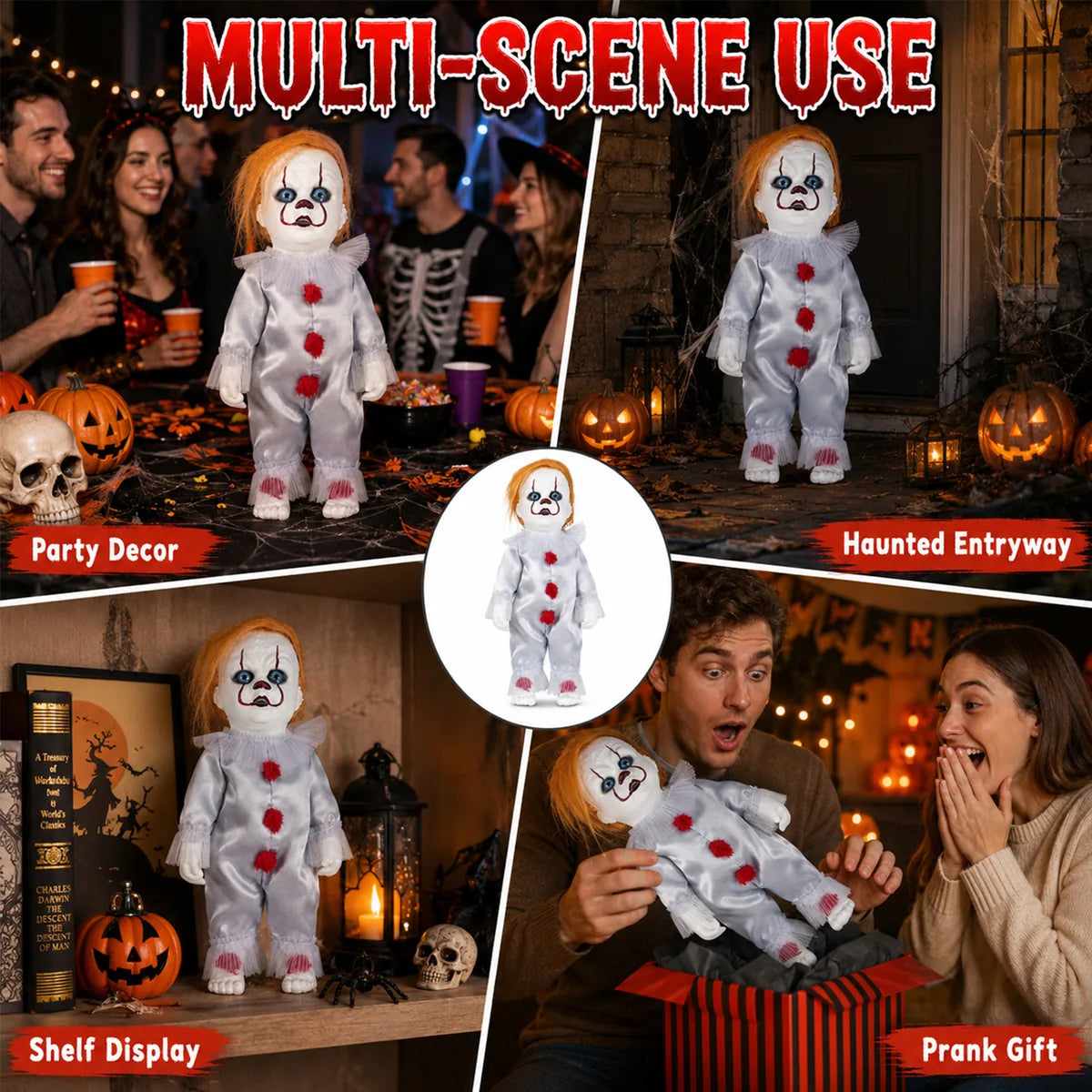 The orange hair horror clown figurine shown across several styled Halloween and event display scenes.