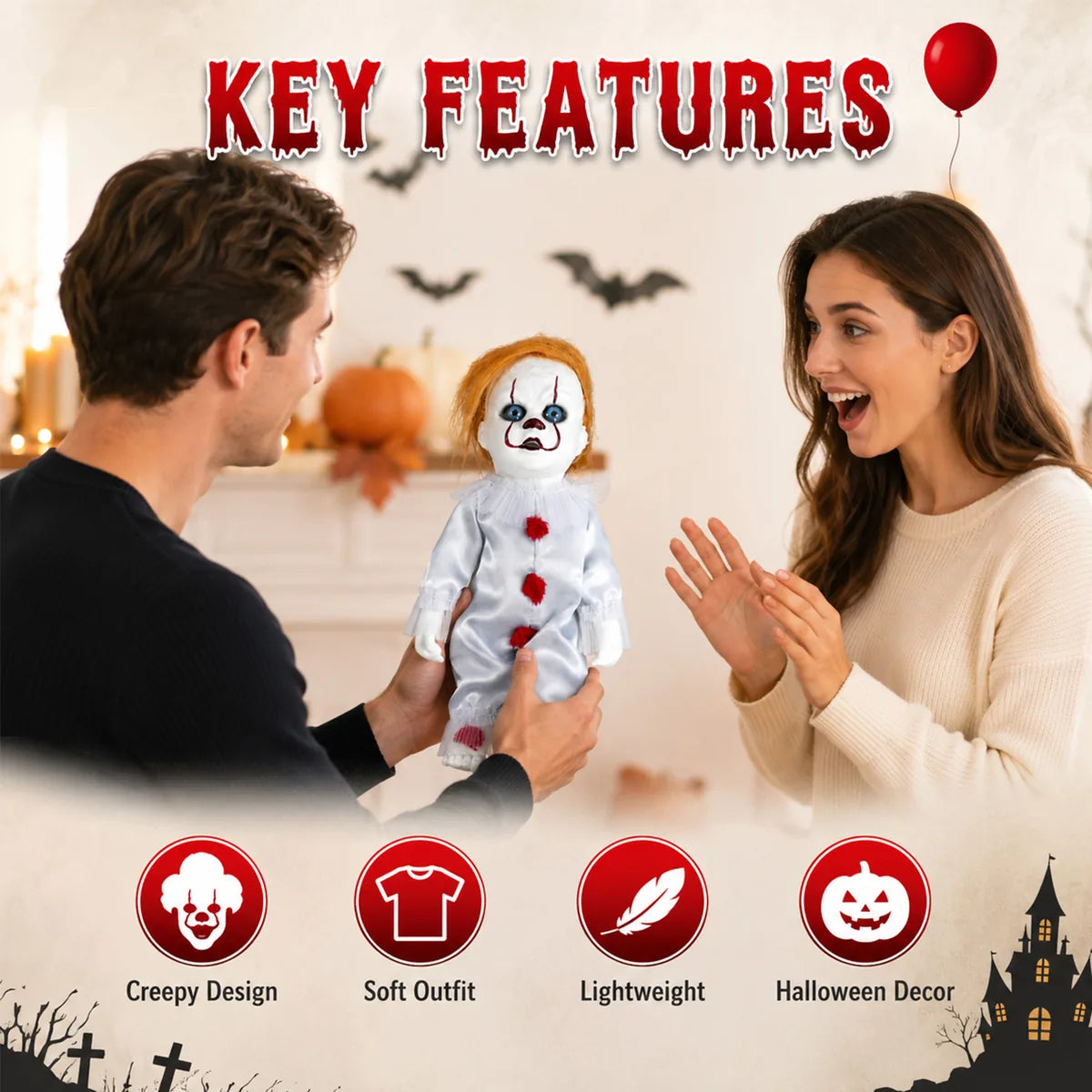 Feature graphic for the orange hair horror clown figurine, highlighting visible design details and intended use.