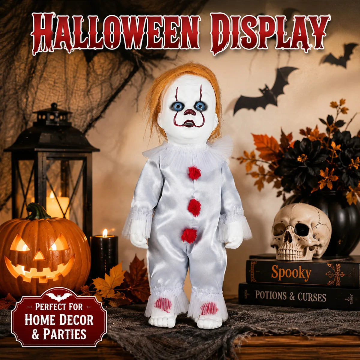 Decorative horror clown figurine displayed in a styled Halloween scene