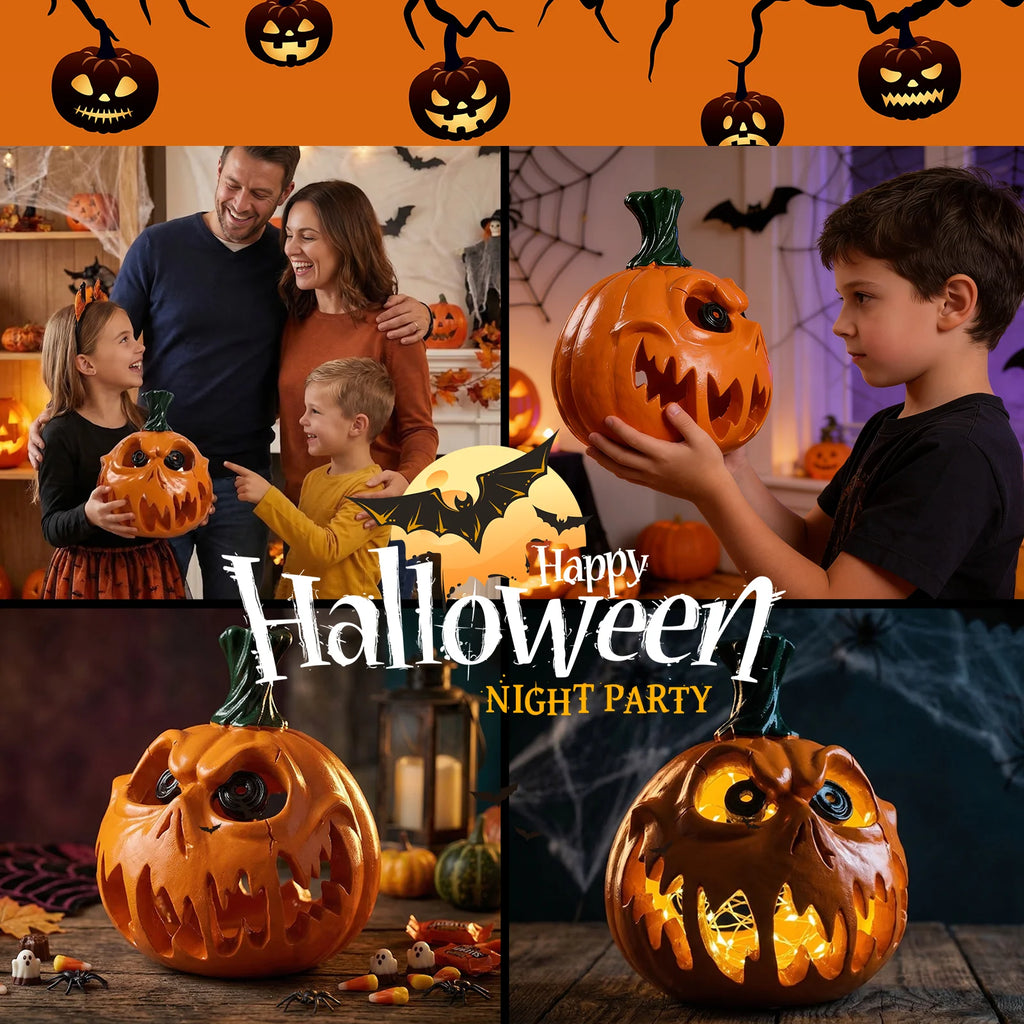 A themed setting presents orange monster pumpkin seasonal display scene, with the glossy orange finish, fanged face and open interior clearly visible.