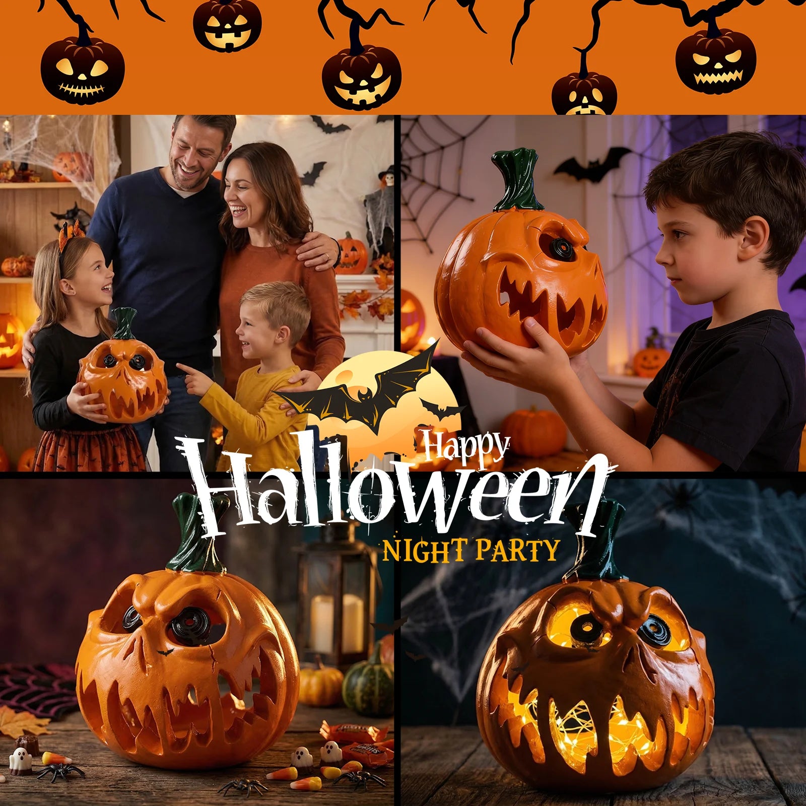 A themed setting presents orange monster pumpkin seasonal display scene, with the glossy orange finish, fanged face and open interior clearly visible.