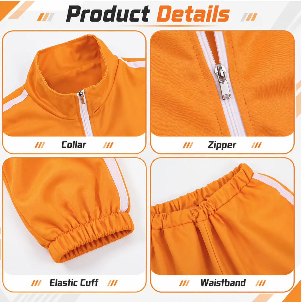 Close views of the orange tracksuit stand collar, front zipper, elastic cuffs and waistband.