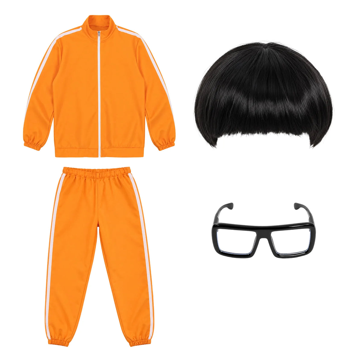 Orange zip-front jacket and matching pants with a black bowl cut wig and black costume glasses.