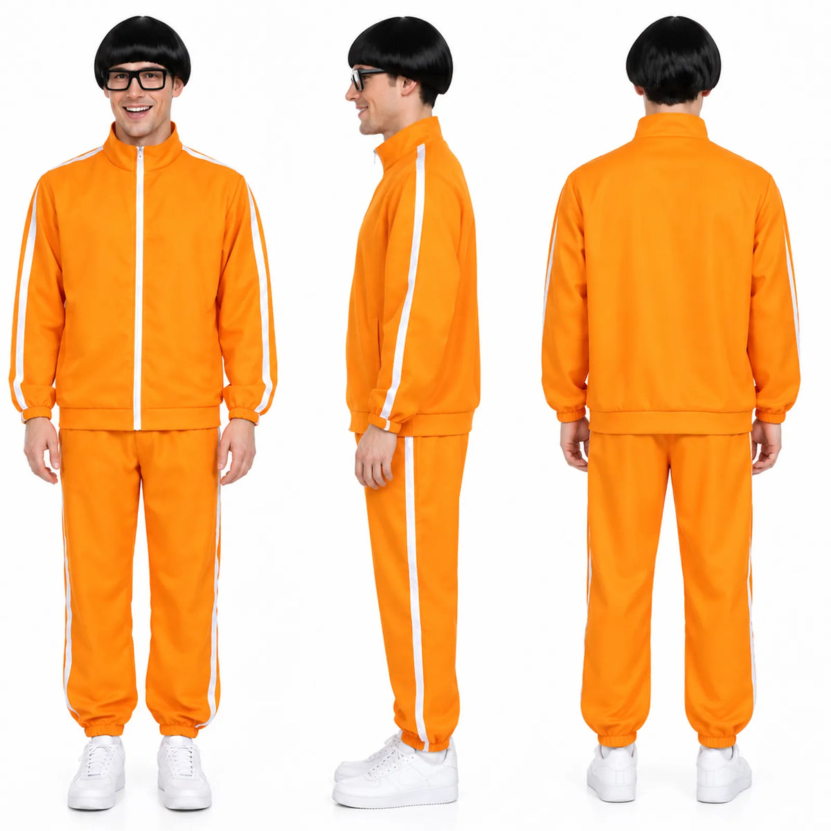 Front, side and back views of the orange tracksuit costume with white sleeve and trouser stripes.