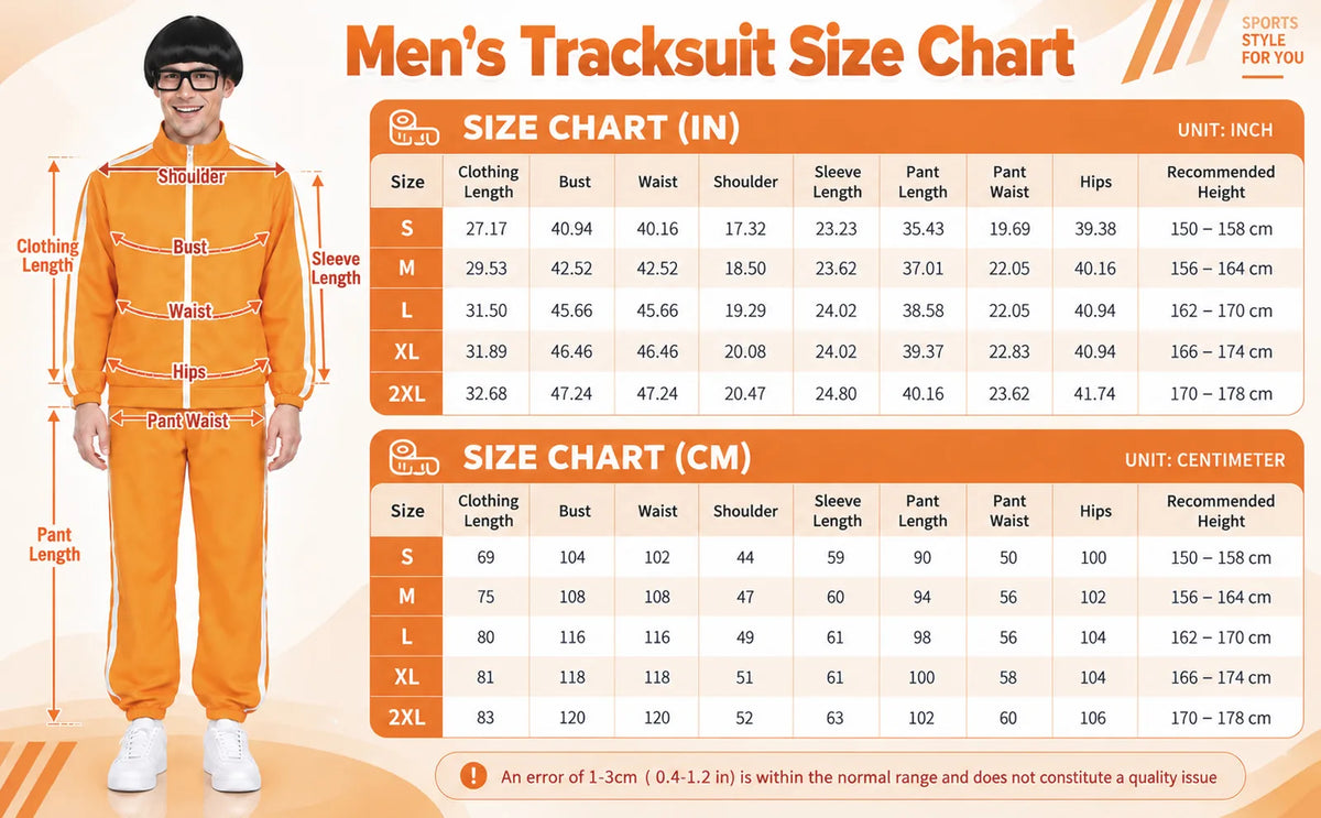 Men's orange tracksuit size chart for S, M, L, XL and 2XL, with jacket and pants measurements in inches and centimetres.