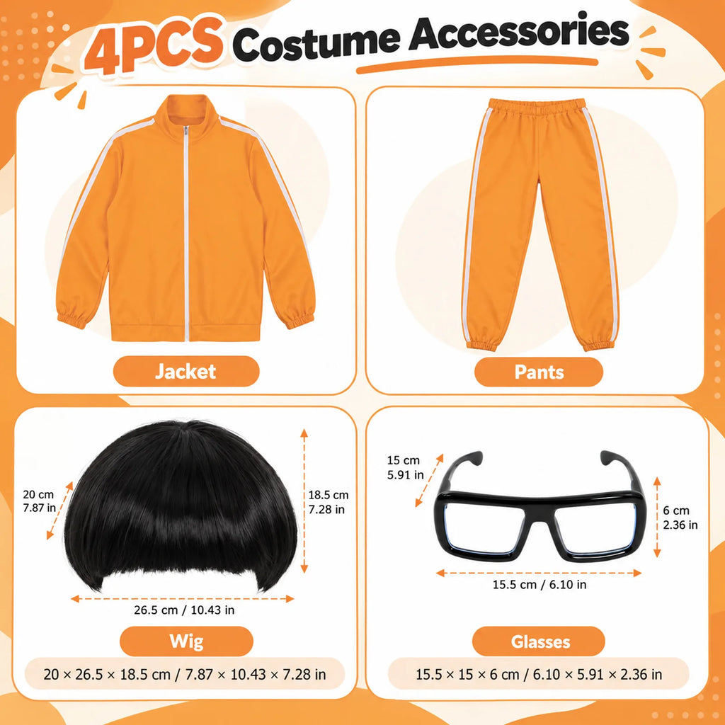 Four included costume items: orange jacket, pants, black wig and glasses, with accessory dimensions.