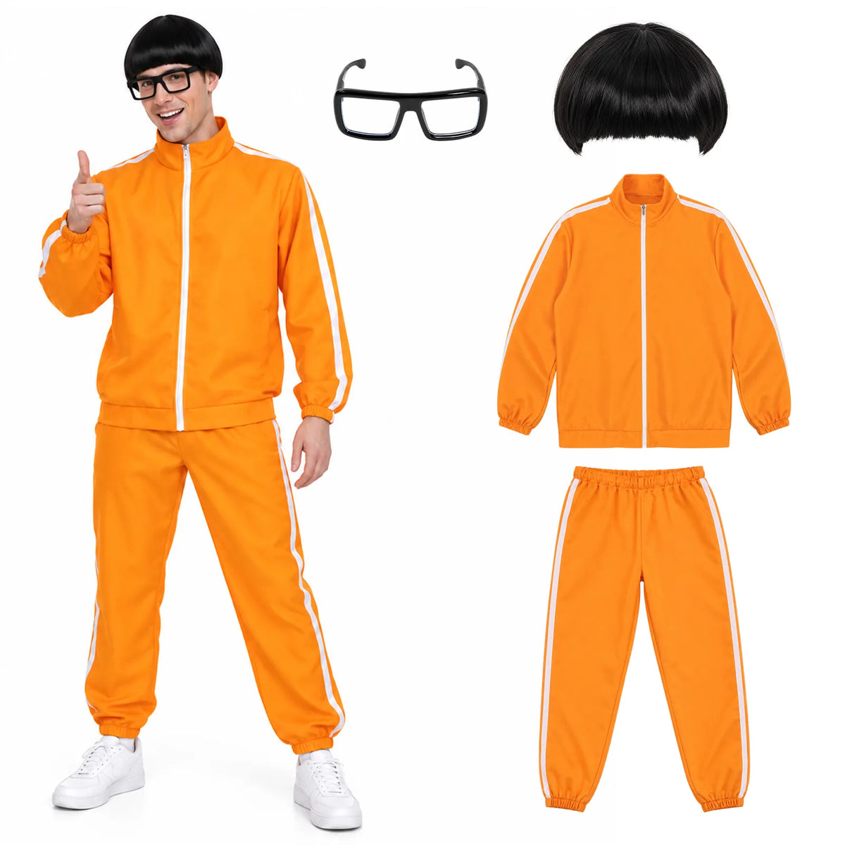 Man wearing the orange tracksuit costume inspired by Vector, beside the jacket, pants, black bowl cut wig and glasses.