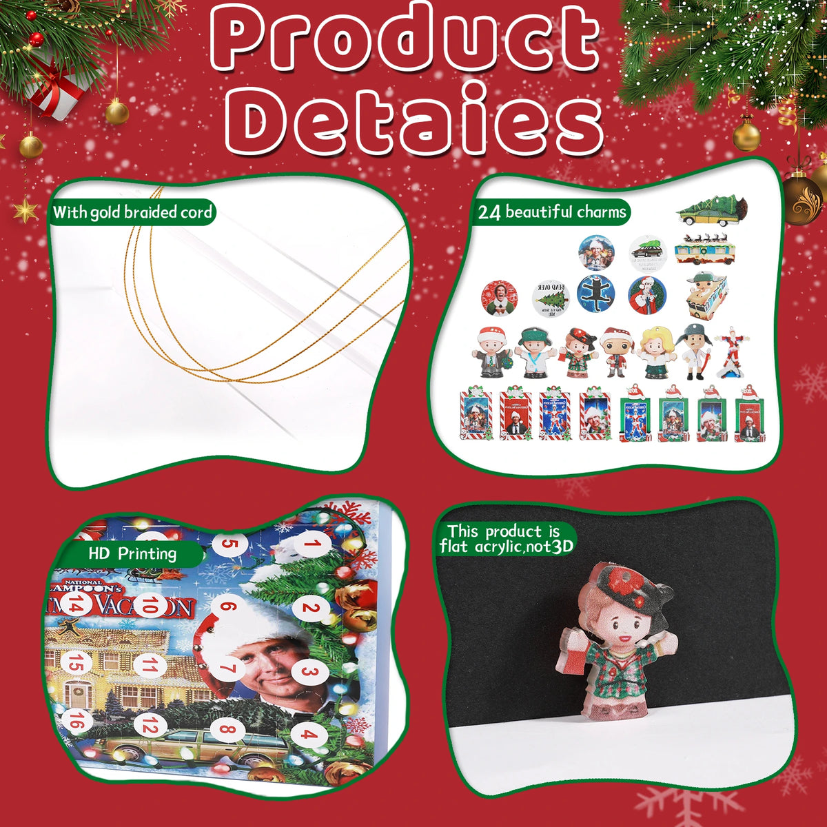 Twenty-four Christmas Vacation and Elf inspired flat acrylic ornaments shown with gold hanging cords.