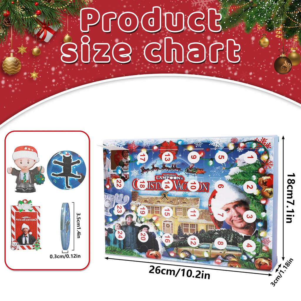 Christmas Vacation inspired calendar box dimensions beside a round ornament showing its diameter and flat thickness.