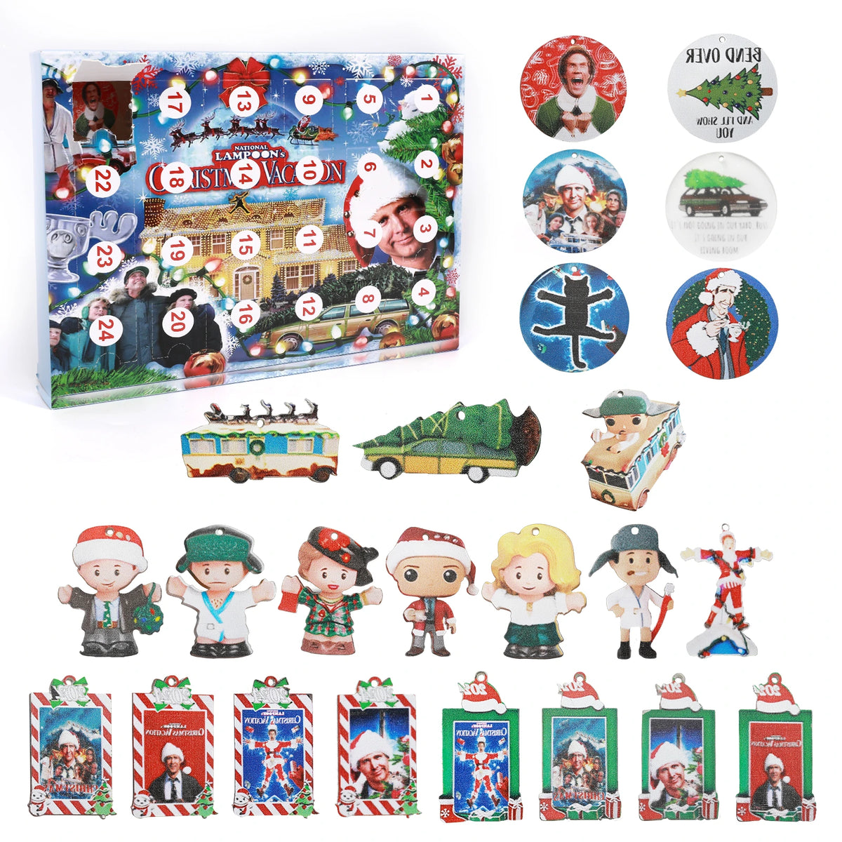 Christmas Vacation advent calendar box beside flat ornaments featuring Elf and holiday movie artwork.
