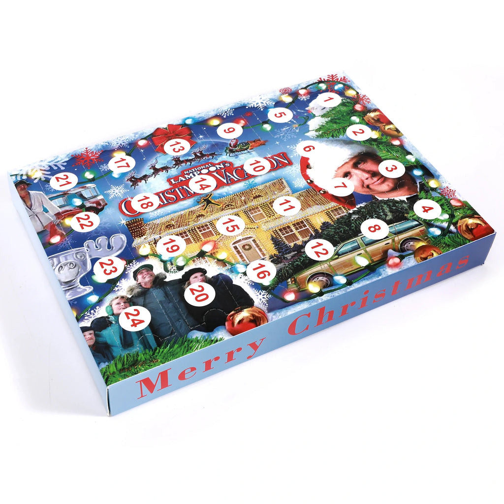 Angled Christmas Vacation calendar box with perforated numbered doors from one through twenty-four.