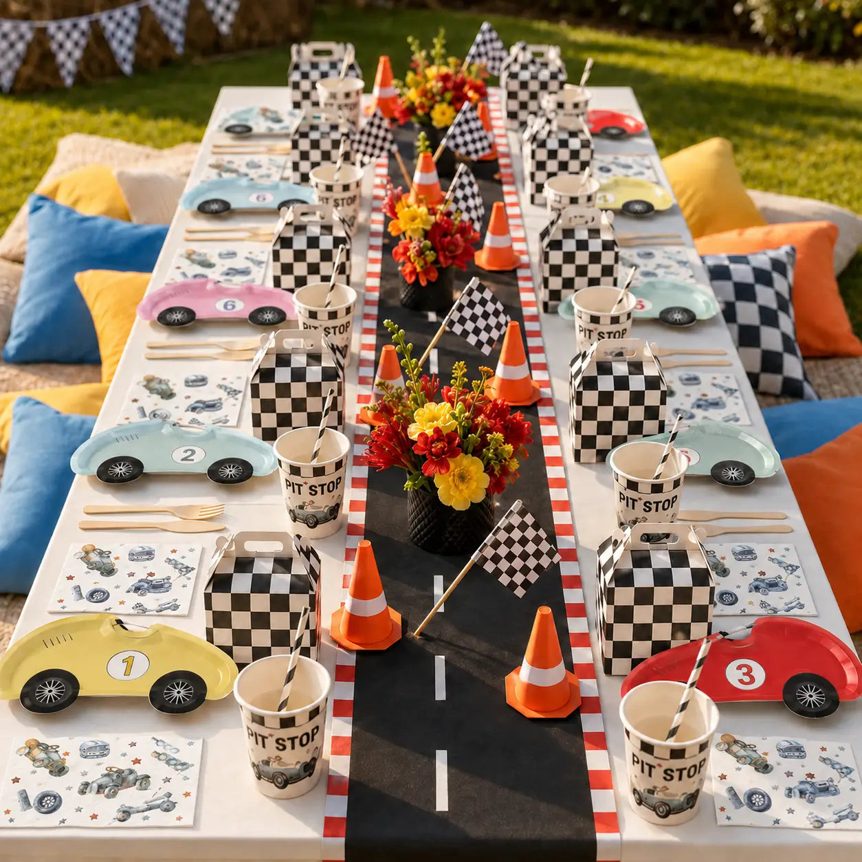 Outdoor race car party table with checkered gift boxes, car-shaped plates, pit stop cups and vintage car napkins.