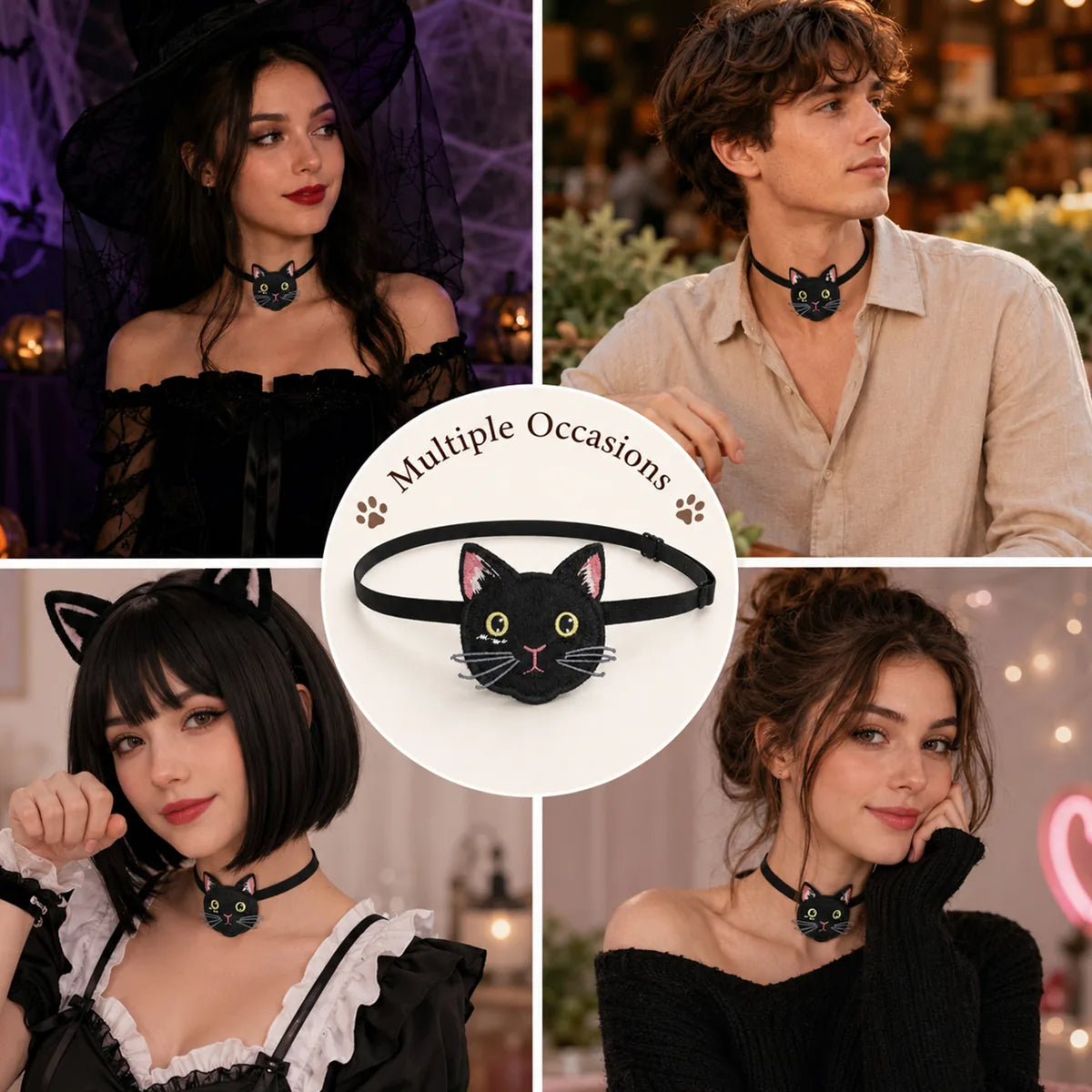 The owl embroidered necktie shown across several styled Halloween and event display scenes.