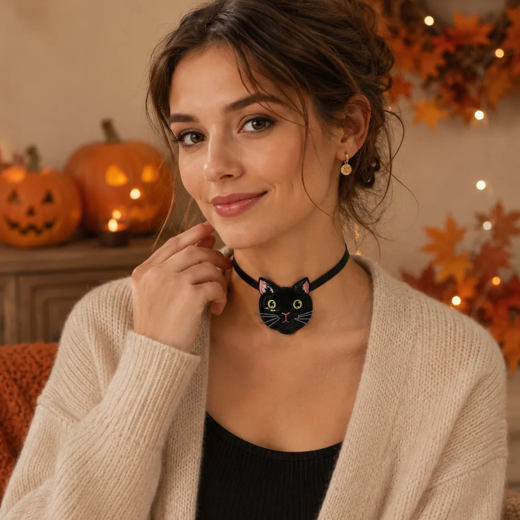The owl embroidered necktie displayed in a styled Halloween scene for visual context.