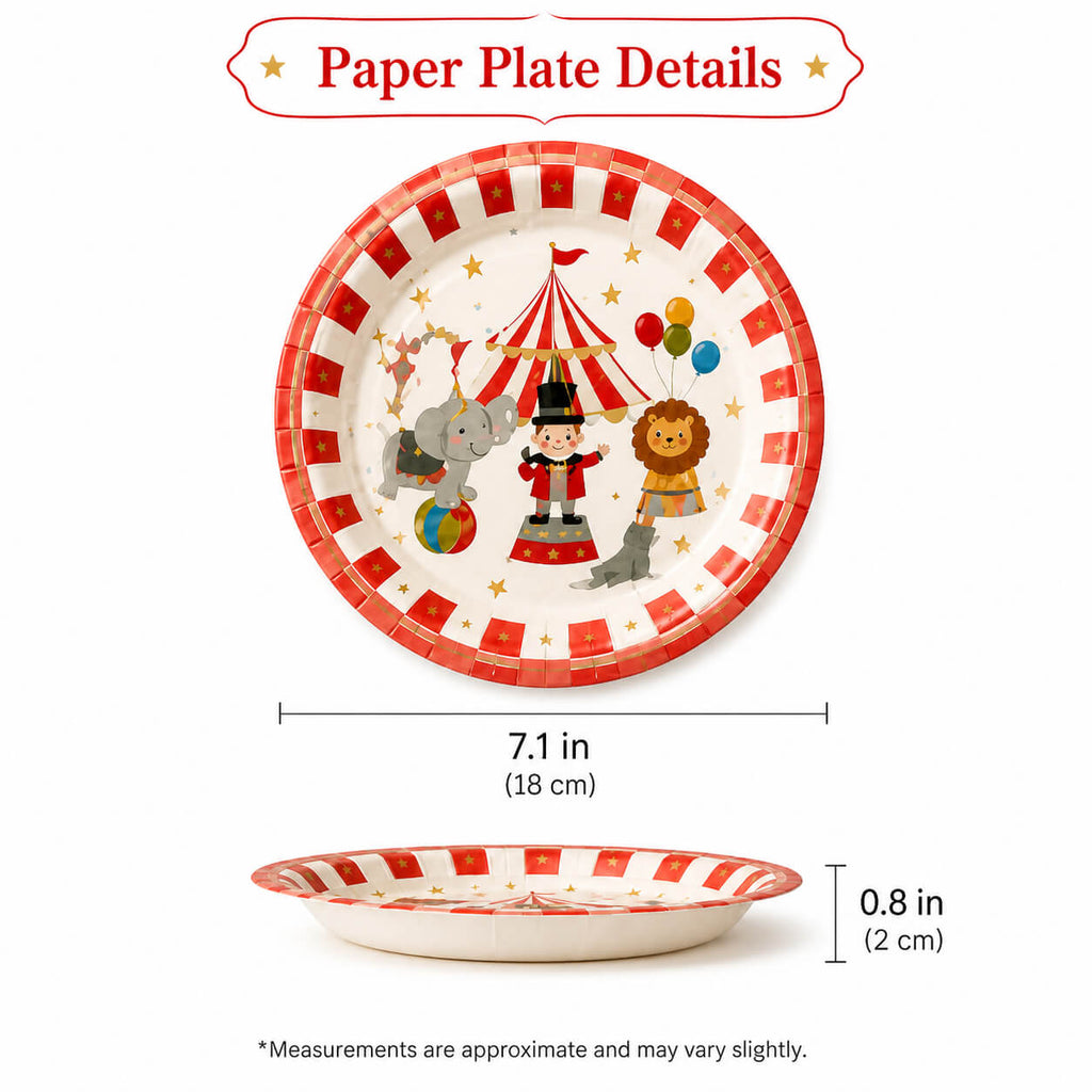 Circus themed kids party paper plates with lion elephant and carnival design