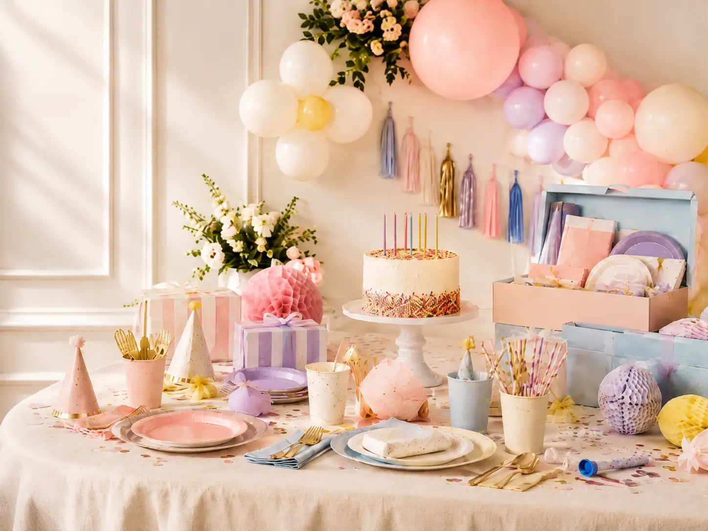 Pastel party kits and supplies setup with balloons, tableware, cake and decorations