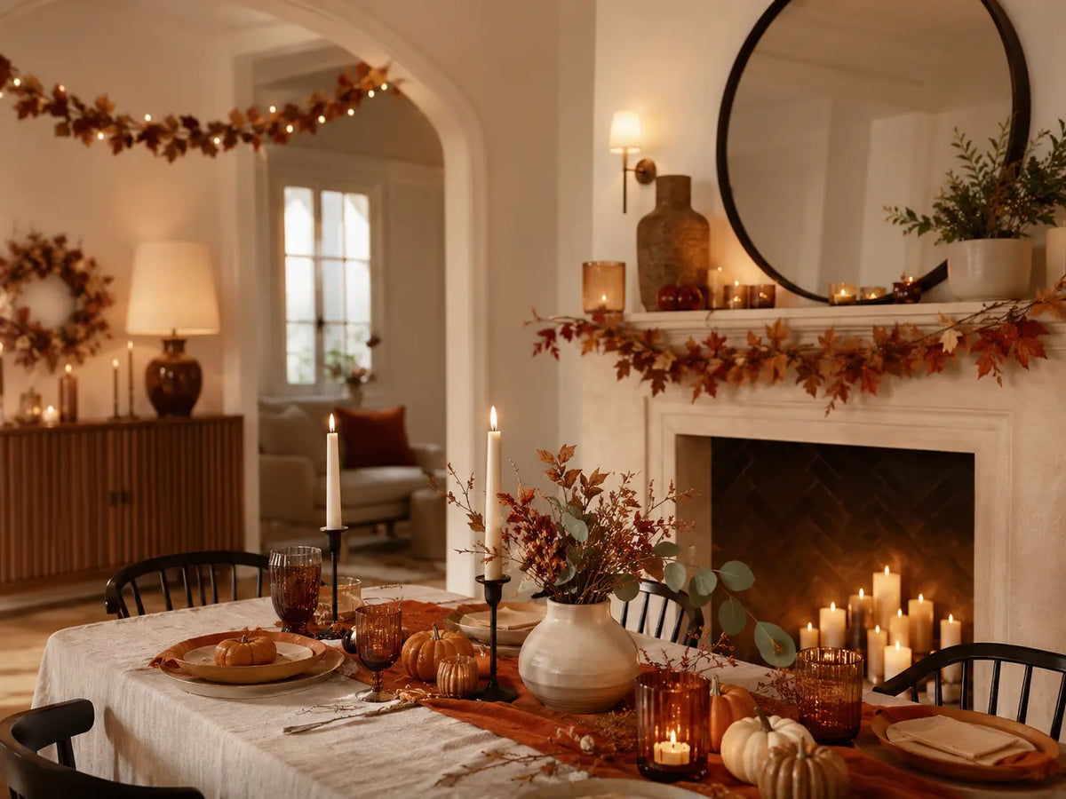 Warm indoor celebration space decorated with garlands, candles and seasonal accents