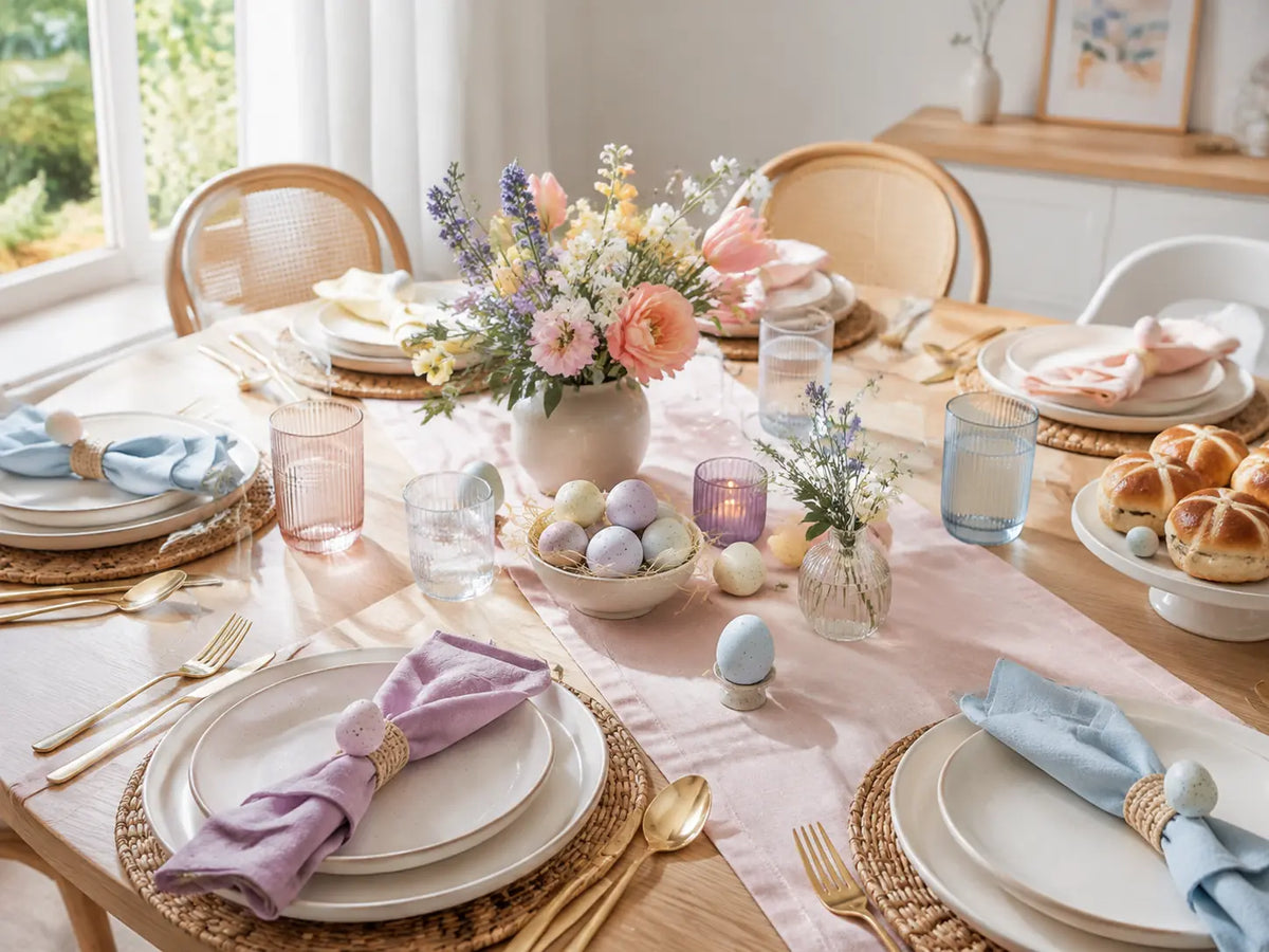 Pastel Easter table with spring flowers, colorful eggs and coordinated place settings