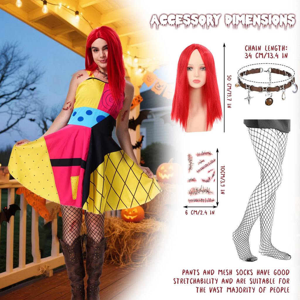 Red wig, celestial choker, fishnet stockings and stitch tattoo measurements