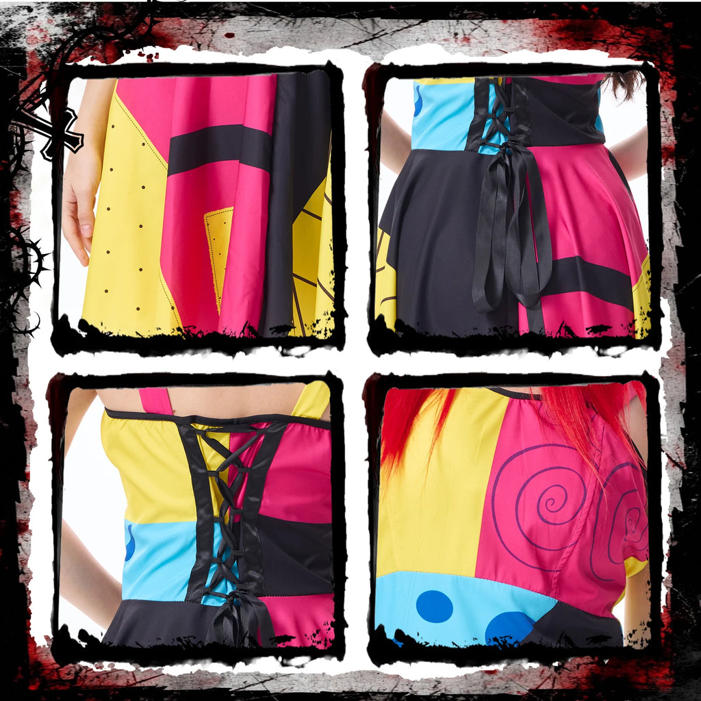 Patchwork dress details with lace-up back, ribbon waist and printed panels