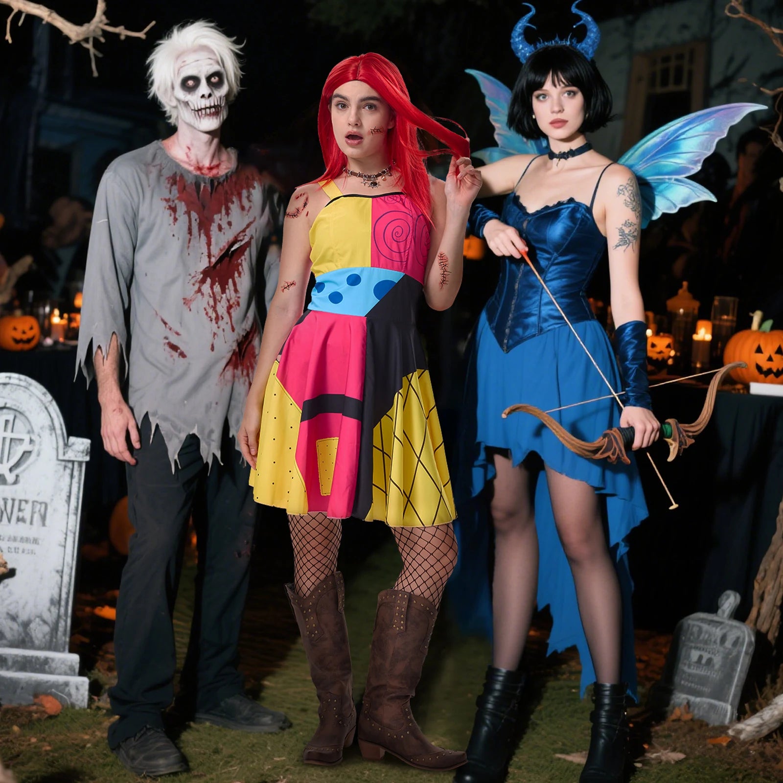 Woman wearing a patchwork doll costume with red wig in a haunted group costume scene