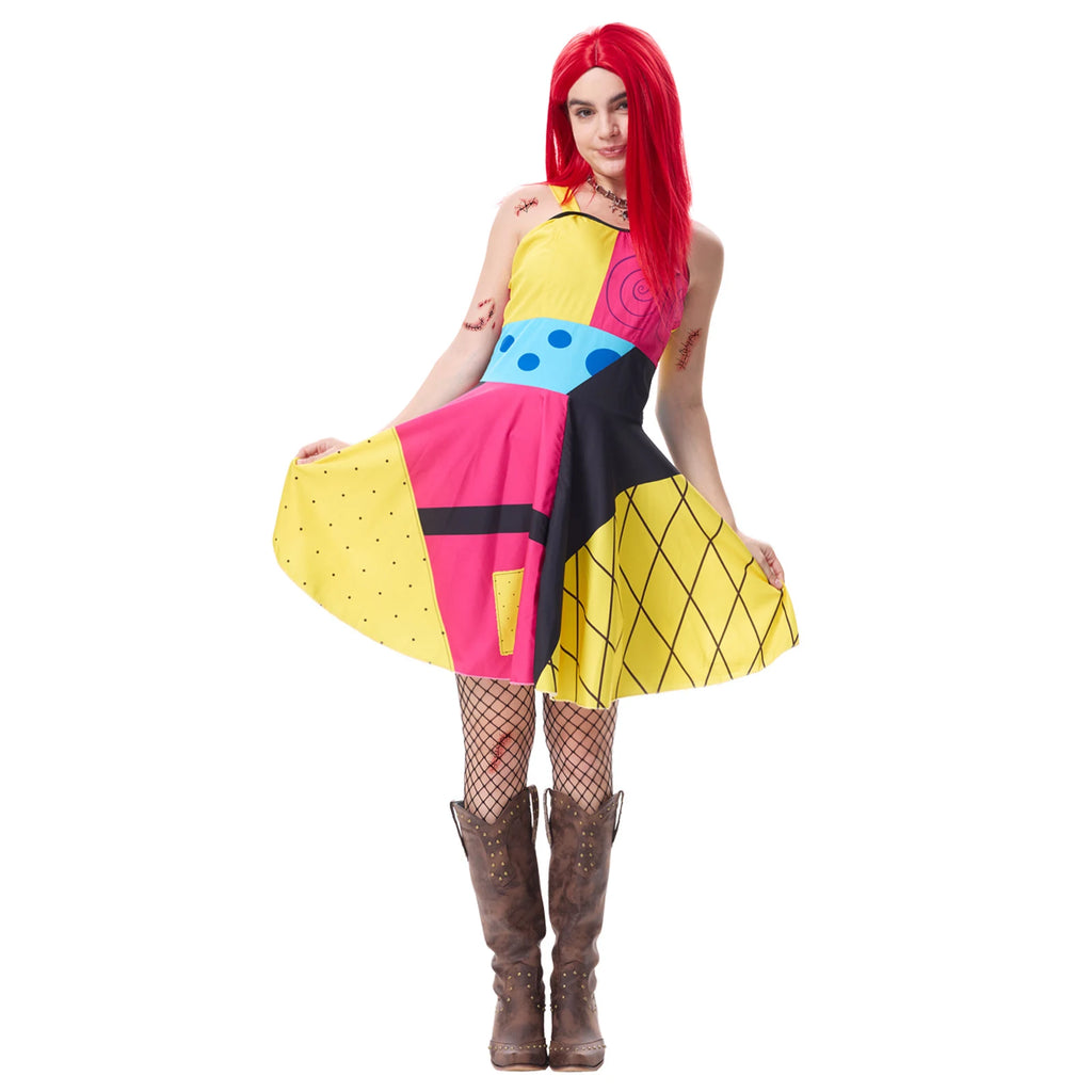 Front view of a women's multicolor patchwork rag doll costume with red wig