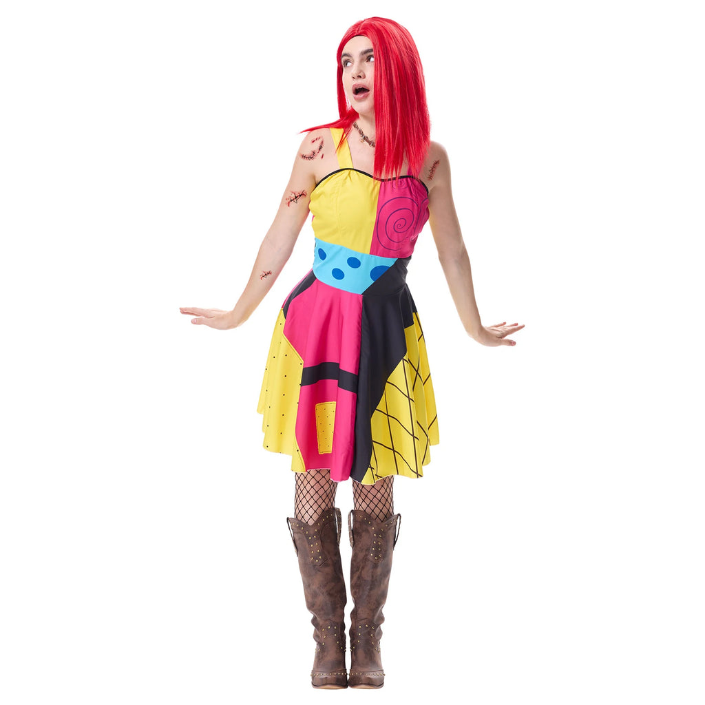 Full-length view of the multicolor patchwork doll dress with fishnet stockings