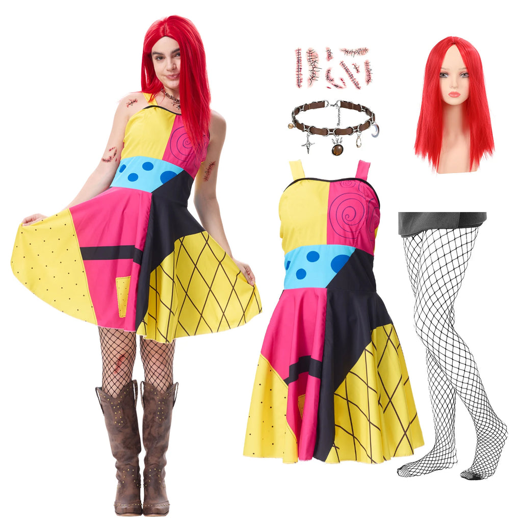 Woman wearing the multicolor patchwork doll costume beside the complete accessory set