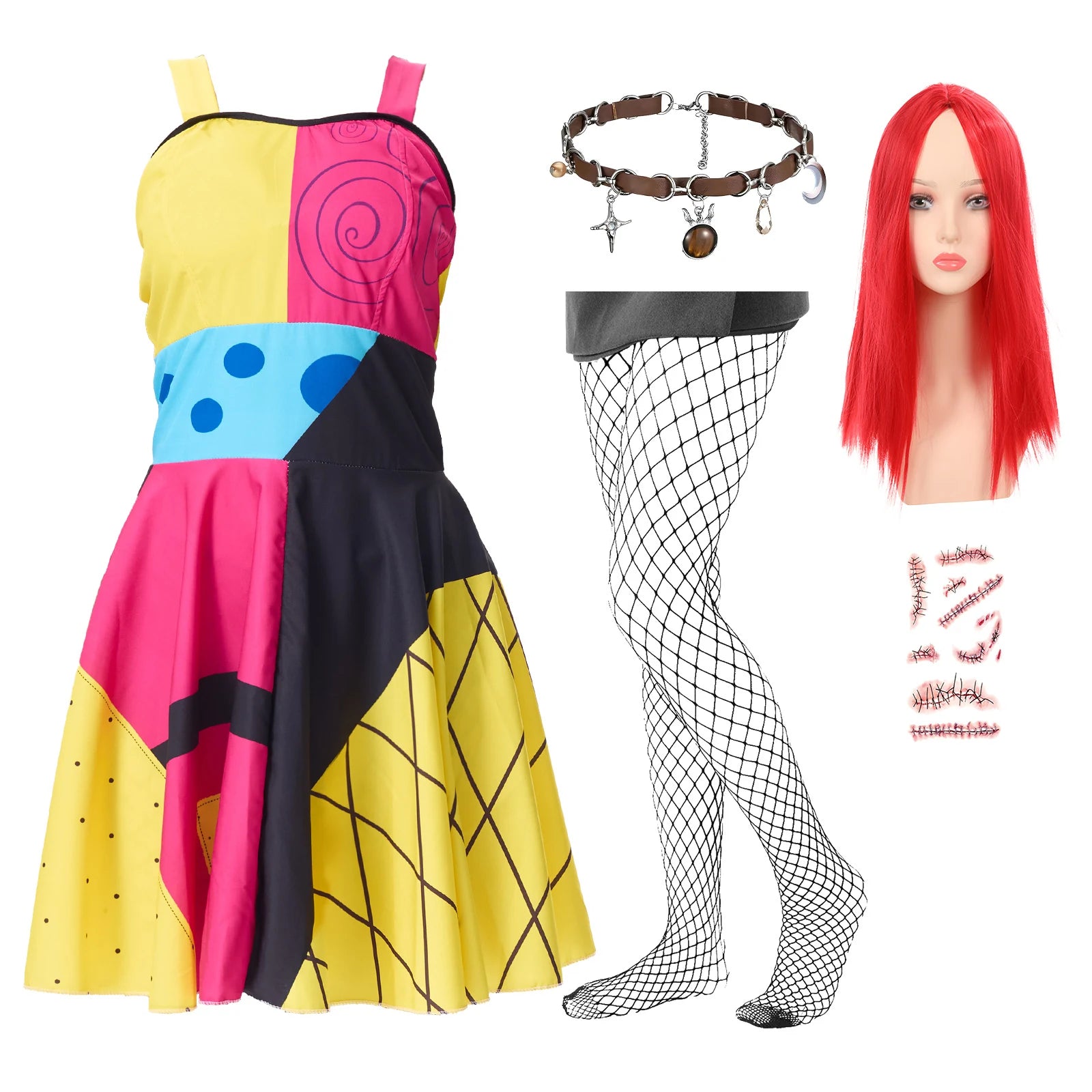 Women's multicolor patchwork rag doll costume with red wig, choker, fishnet stockings and stitch tattoos