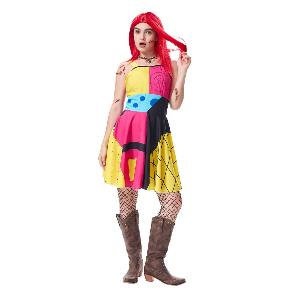 Women's colorful stitched doll costume showing the straight red wig and choker