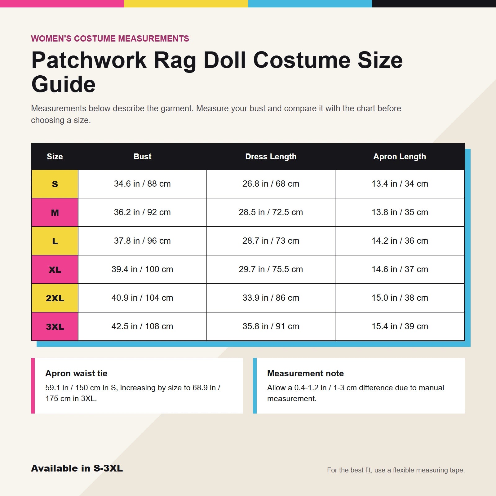 Women's patchwork rag doll costume size guide for S through 3XL