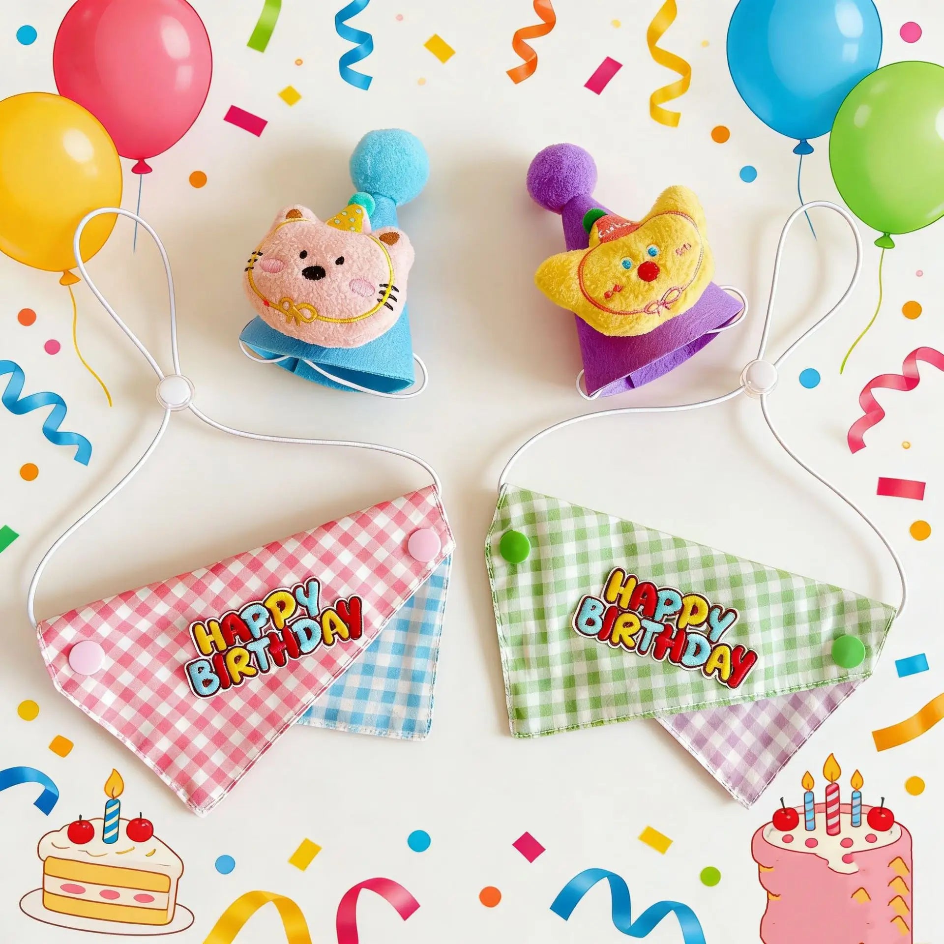 Pet birthday bandana and party hat set with pink and green plaid designs, cat hats, balloons, confetti, and cake decorations.