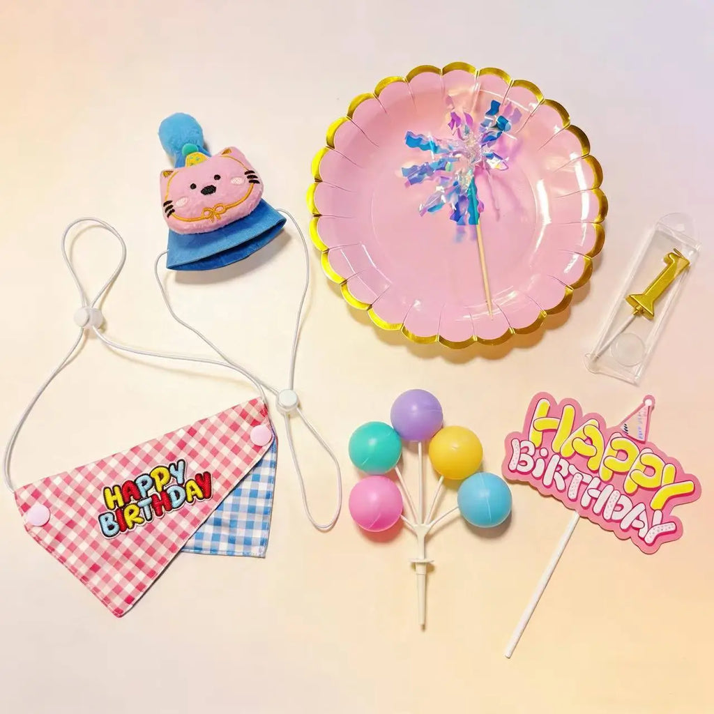 Pet birthday bandana and party hat set with pink and green plaid designs, cat hats, balloons, confetti, and cake decorations.