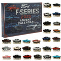 Ford-inspired pickup truck advent calendar box beside an assortment of flat printed truck ornaments.