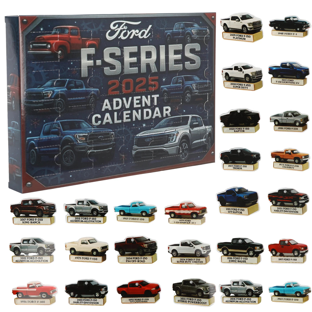 Ford-inspired pickup truck advent calendar box beside an assortment of flat printed truck ornaments.