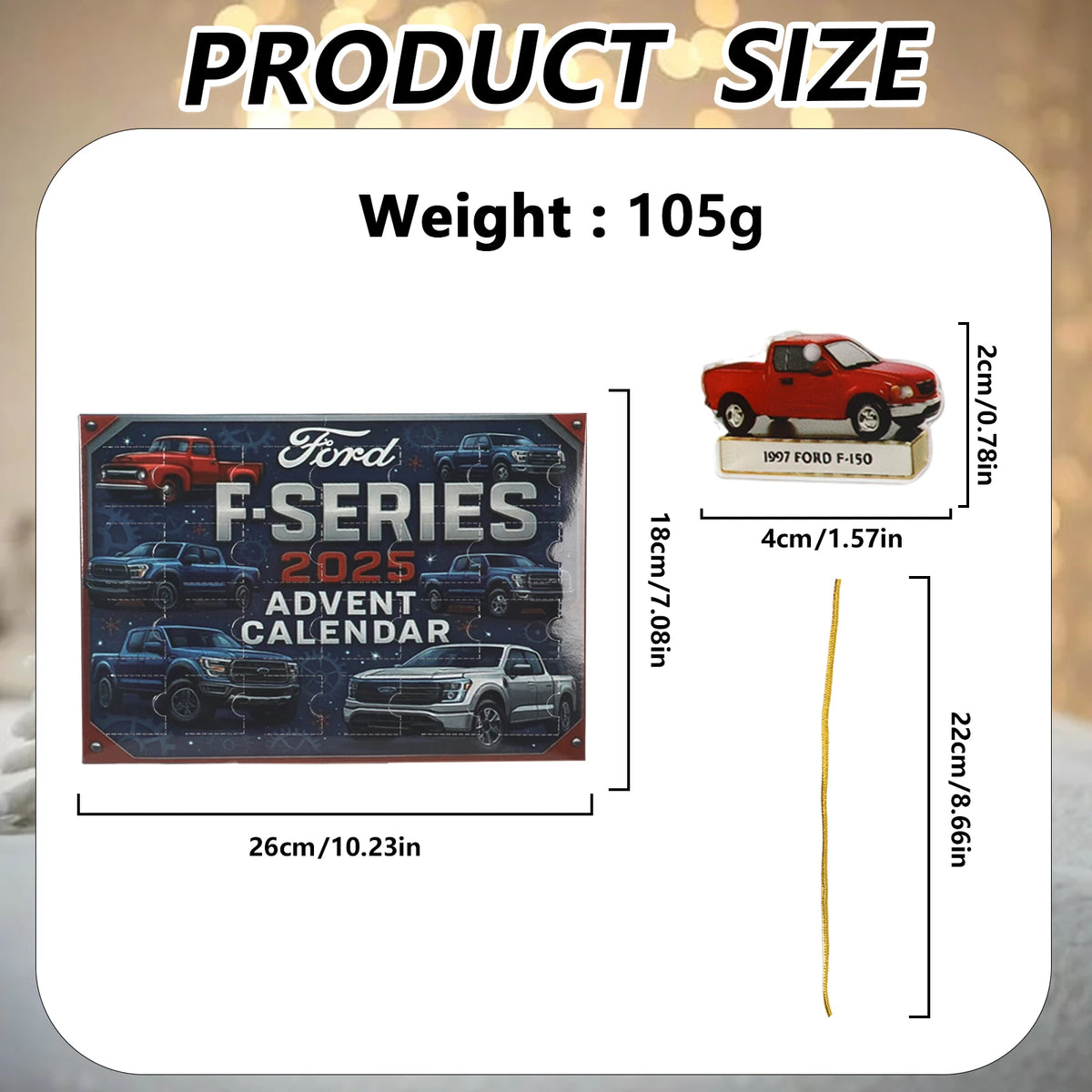 Ford-inspired calendar size graphic showing the box, example flat truck ornament and hanging cord measurements.