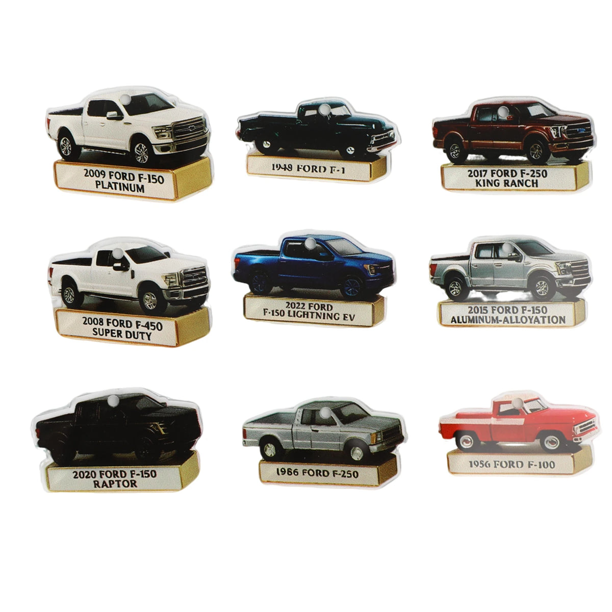 Nine Ford-inspired pickup truck Christmas ornaments displayed in a grid of printed truck designs.