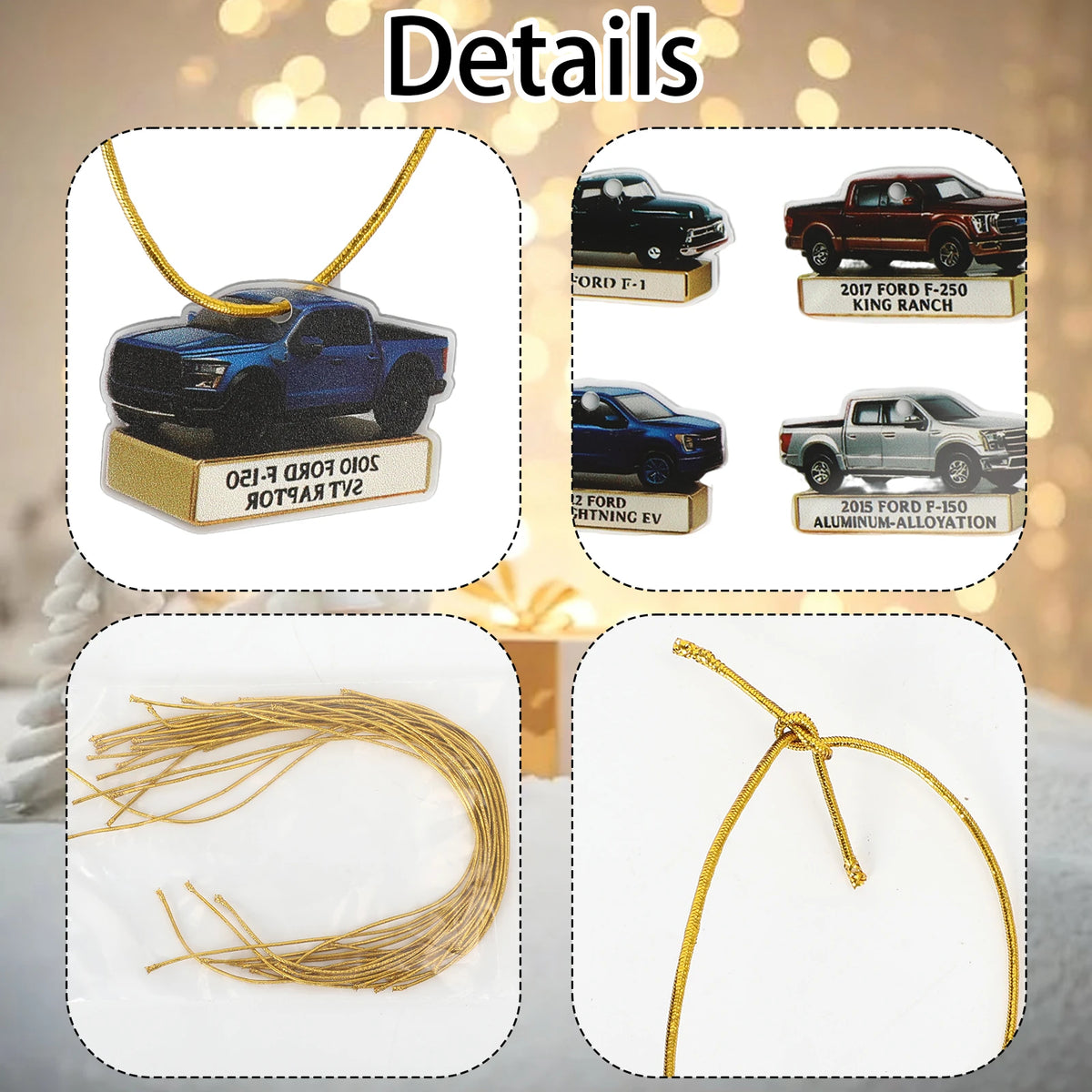 Close-up collage of Ford-inspired truck ornament artwork, hanging holes and bundled gold-colored cords.