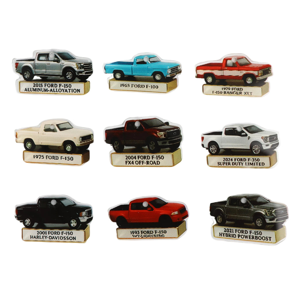 Additional Ford-inspired pickup truck ornaments shown in a grid with printed model-name details.