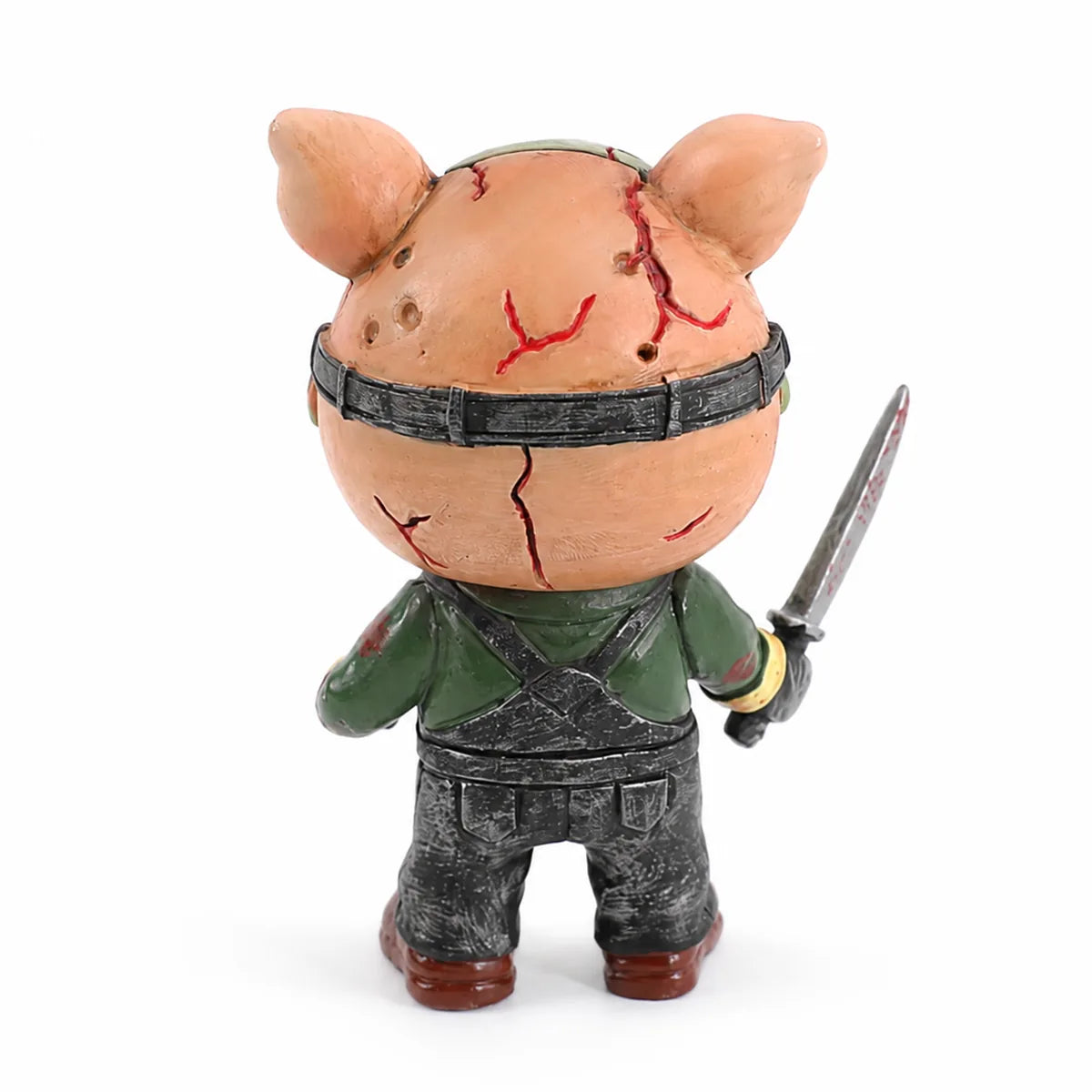 Back view of the pig mask horror figurine, showing the rear shape and visible construction.