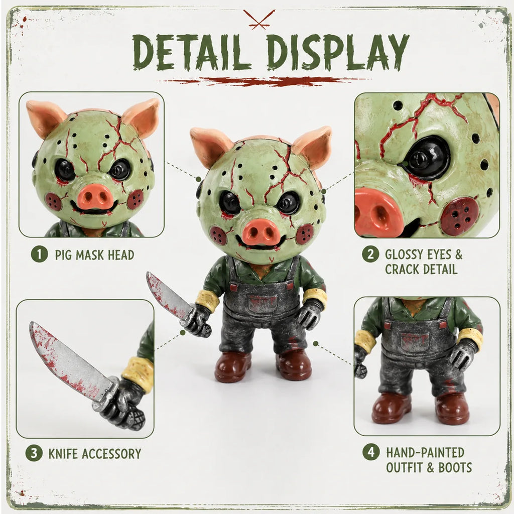 Detail graphic highlights the pig mask, eyes, outfit, boots, and prop knife.